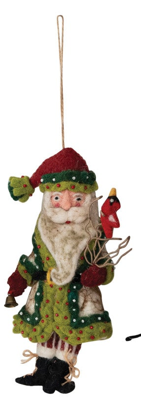 Handmade wool felt Santa Christmas ornament featuring a red cardinal.