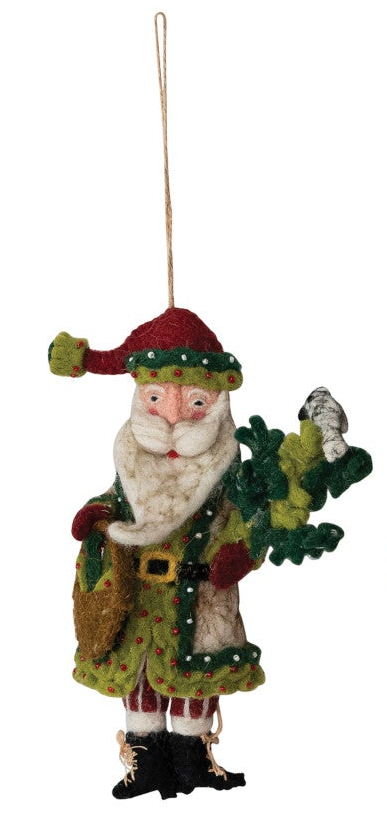 Handmade wool felt Santa Christmas ornament with a branch and basket.